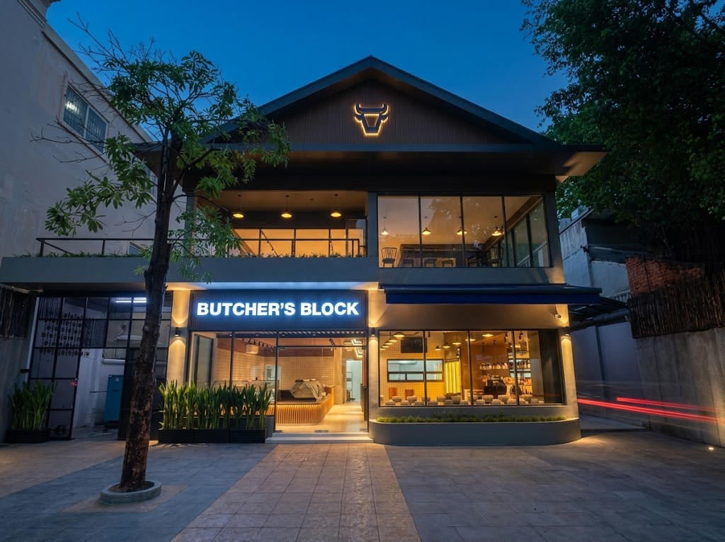 Butcher's Block Phnom Penh store at dusk