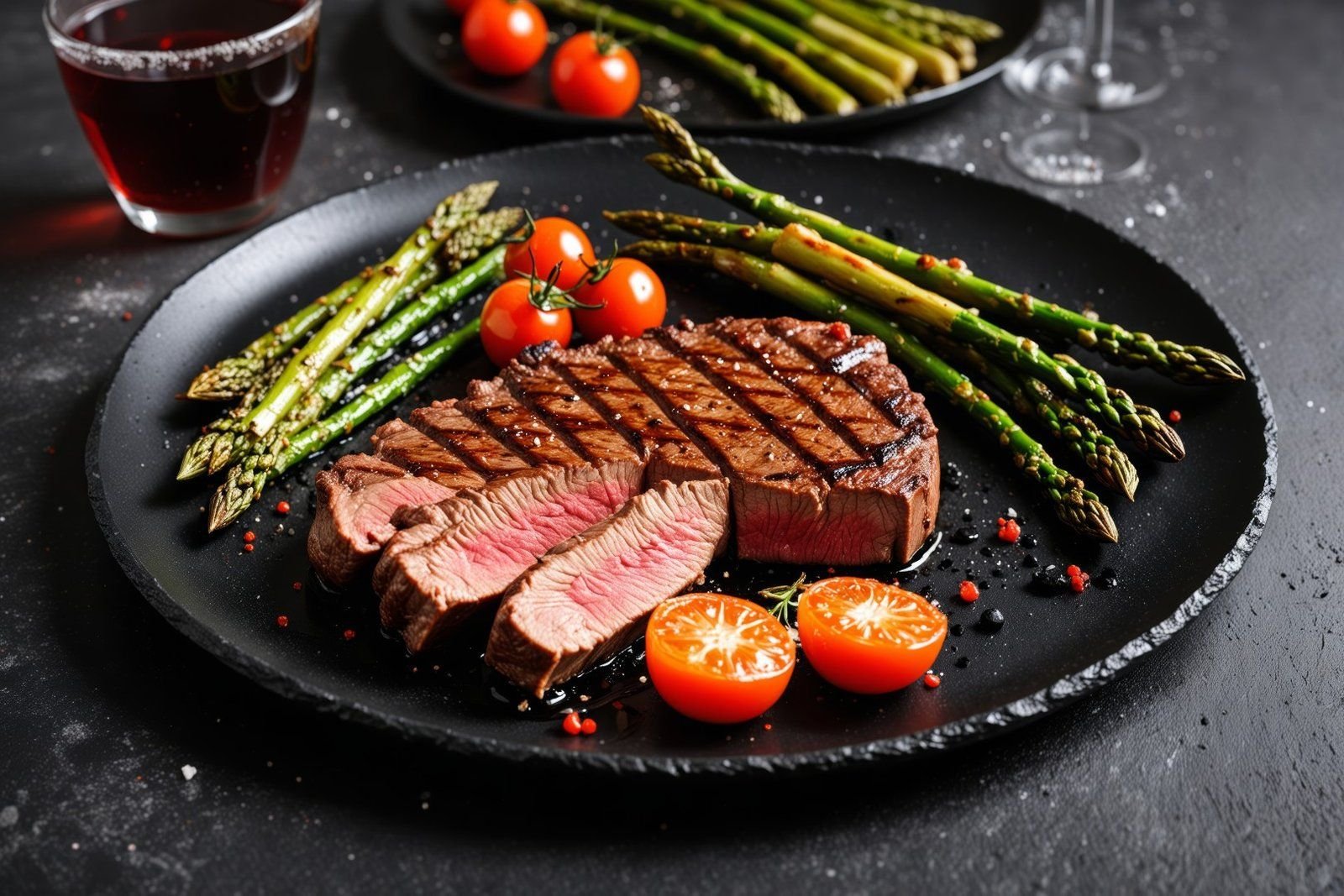A grilled sliced steak served with roasted asparagus and cherry tomatoes.