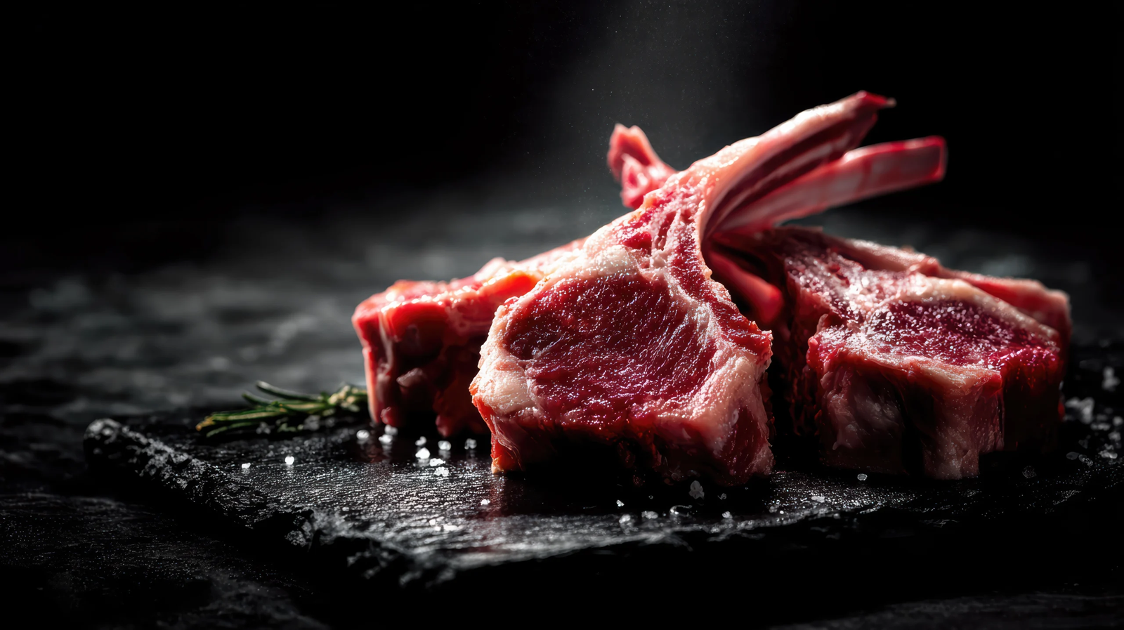 Close-up of raw bone-in lamb chops on a dark stone surface with coarse salt and rosemary.